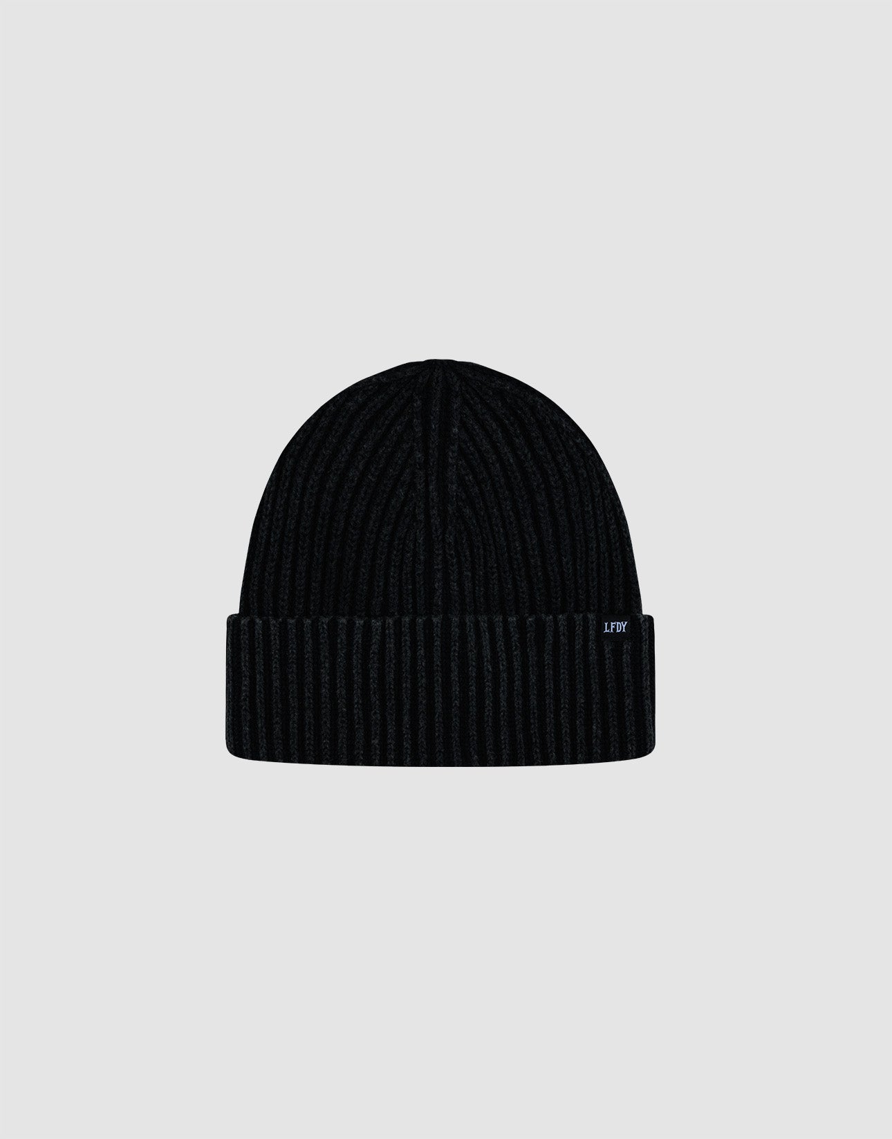A black LFDY Rib Knit Beanie made from soft polyacryl with a folded brim and a small side tag, shown against a plain light gray background.| plain 