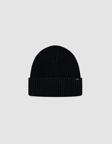 A black LFDY Rib Knit Beanie made from soft polyacryl with a folded brim and a small side tag, shown against a plain light gray background.