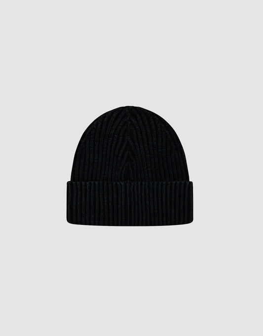 A black LFDY Rib Knit Beanie crafted from soft polyacryl with a ribbed design and folded brim, shown on a plain light gray background.