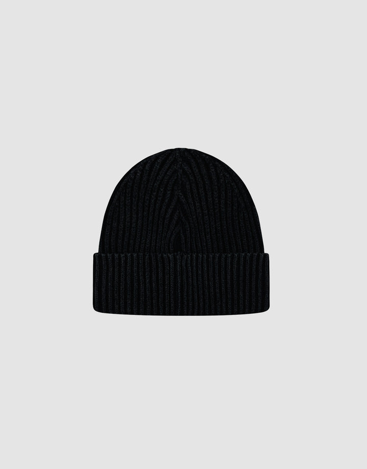 A black LFDY Rib Knit Beanie crafted from soft polyacryl with a ribbed design and folded brim, shown on a plain light gray background.