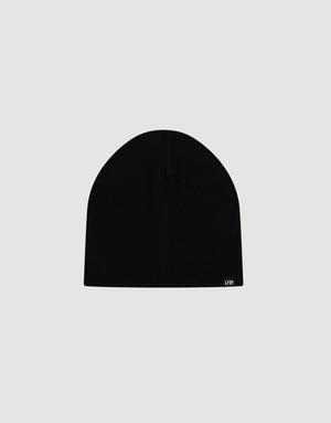 The LFDY Uncuffed Beanie is a plain black polyacryl hat, shown on a light grey background with a small white logopatch on the lower right edge.