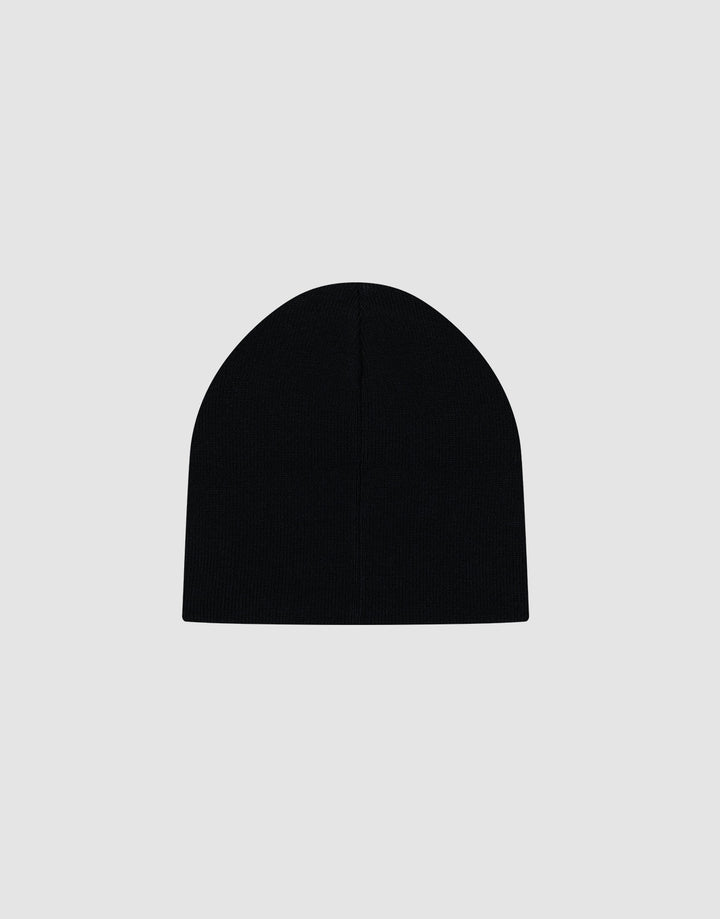 The LFDY Uncuffed Beanie, crafted from plain black polyacryl with a subtle logo patch, is shown against a light gray background.