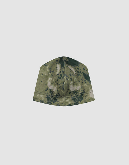 The LIVE FAST DIE YOUNG Live Fast Performance Beanie, featuring a green and black camouflage pattern and soft fleece lining, is shown against a plain light gray background.