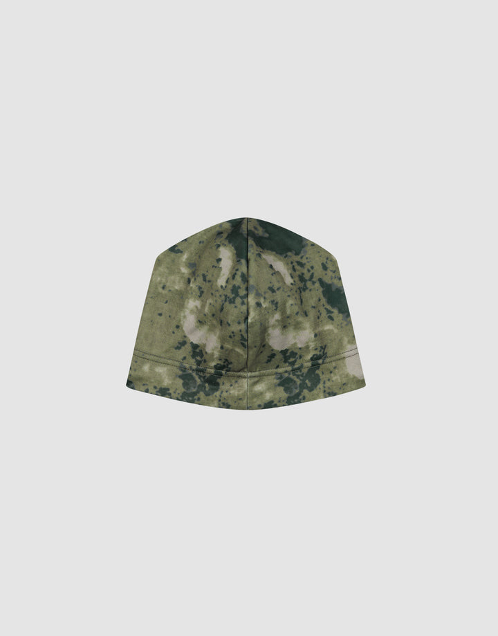 The LIVE FAST DIE YOUNG Live Fast Performance Beanie, featuring a green and black camouflage pattern and soft fleece lining, is shown against a plain light gray background.