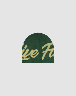 The LFDY Jacquard Beanie by LIVE FAST DIE YOUNG is a green knit beanie in soft Polyamid, featuring large cursive yellow lettering across the front. Displayed on a plain light gray background. Style code: LF2510-18712.
