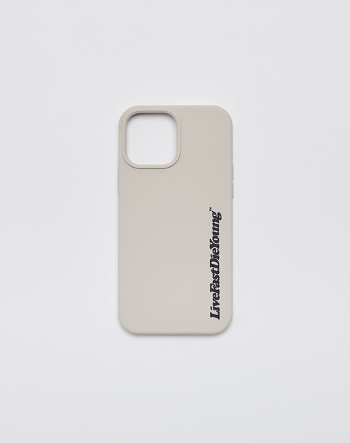 The Basic Phone Case by LIVE FAST DIE YOUNG features a beige TPU cover, large rectangular camera cutout, and Live & Let Die Young in black vertical text on one side. The design sits against a plain white background for added style.