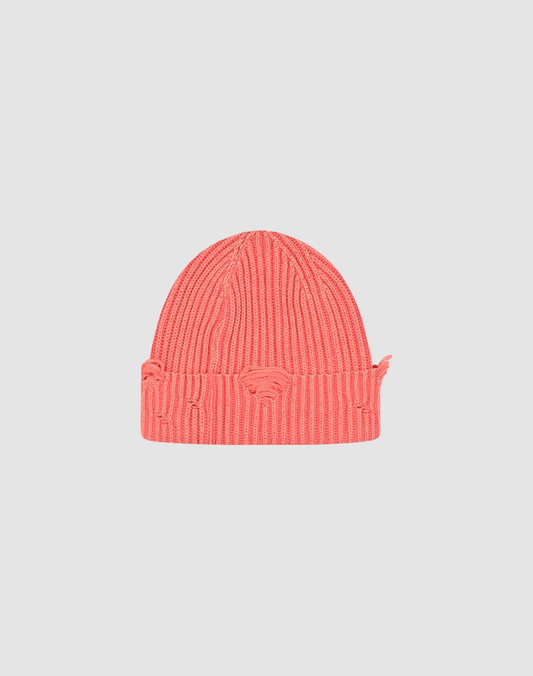The LIVE FAST DIE YOUNG Distressed Rib Knit Beanie in pink features a folded brim and raised Medusa head logo on the front, shown centered on a plain light gray background. Made from 100% Baumwolle.