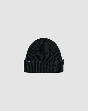 The LIVE FAST DIE YOUNG Distressed Rib Knit Beanie is a black 100% Baumwolle beanie with subtle vertical stripes, a folded brim, and a white LFW flag label on the side, shown on a plain light gray background.