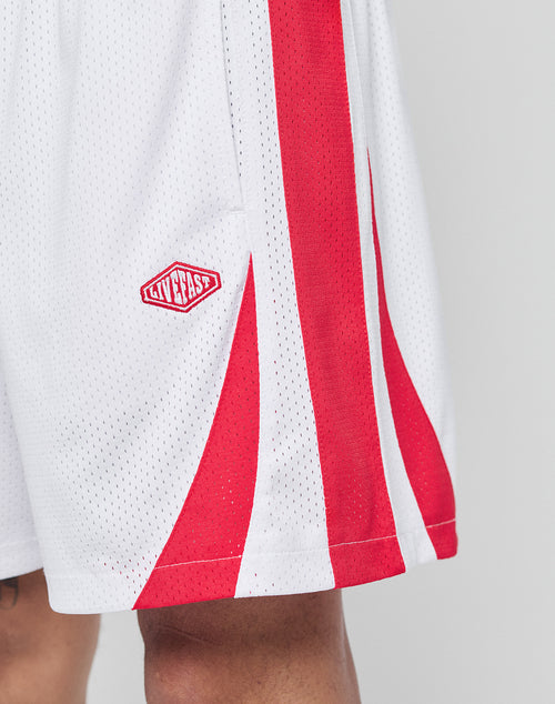 A close-up of a person wearing LIVE FAST DIE YOUNG Striped Mesh Shorts in regular fit white, featuring red stripes and a red LIVEFAST logo patch on the left leg.
