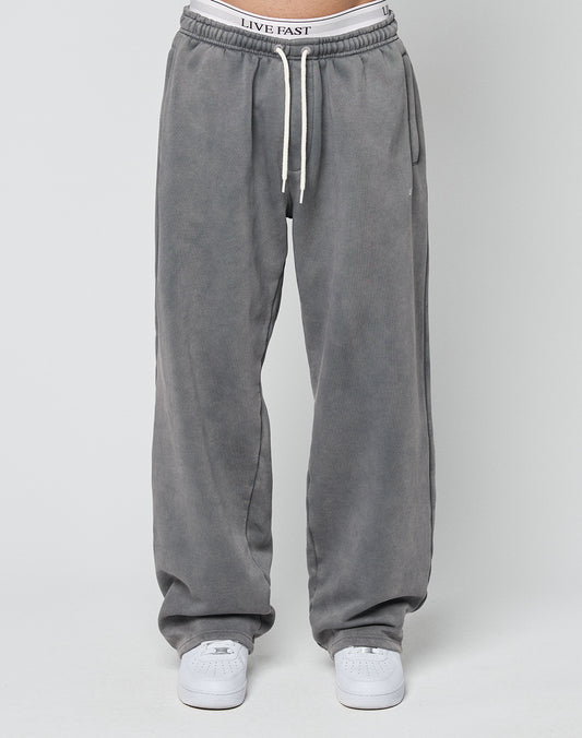 A person wears LIVE FAST DIE YOUNGs Basic Wide Joggerāloose-fitting gray sweatpants with a logo print and elastic drawstring waistāpaired with white sneakers, standing against a plain light background.