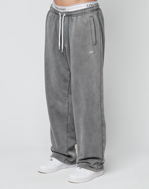 A person wearing LIVE FAST DIE YOUNG Basic Wide Jogger sweatpants in gray with a left thigh logo, wide fit, and white sneakers stands against a plain white background.