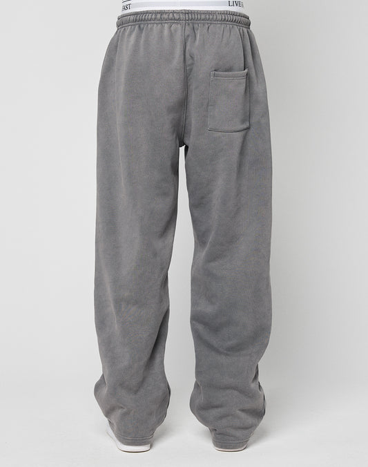 Back view of a person wearing LIVE FAST DIE YOUNG Basic Wide Jogger, oversize gray sweatpants with an elastic waistband with drawstring and a single right back pocket, standing against a plain light gray background.