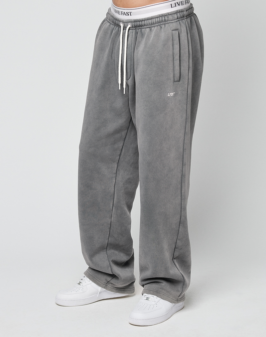 Person wearing LIVE FAST DIE YOUNG Basic Wide Jogger in gray with an oversized fit and white drawstrings, paired with white sneakers. Only the body from the waist down is visible. LIVE FAST logo is printed on the waistband.