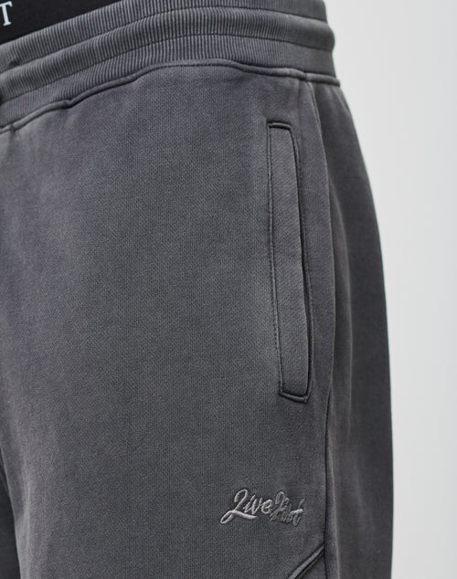 Close-up of a person wearing the LIVE FAST DIE YOUNG Basic Wide Jogger in dark gray, featuring side pockets, an elastic waistband, and Live Fast embroidery near the left pocket. The wide fit highlights comfort and part of a black undergarment is visible.