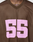 A close-up of the LFDY Mesh Jersey by LIVE FAST DIE YOUNG shows a brown oversized mesh polyester sports top with a pink '55' on the front, a V-neckline with LFDY inside, and part of the model's neck and face visible.