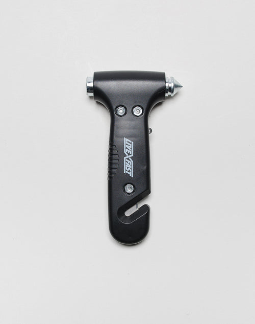 The LFDY Emergency Hammer by LIVE FAST DIE YOUNG is a black, one-size car safety tool with a seatbelt cutter, pointed metal window breaker, logo print, and model LF2503-16986. Shown on a white background.