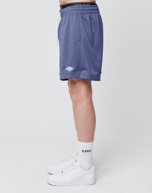 A person is seen from the waist down wearing LIVE FAST DIE YOUNG Basic Mesh Shorts in blue with elastic waistband and regular fit, LFDY-branded white crew socks, and white sneakers, standing sideways against a plain white background.