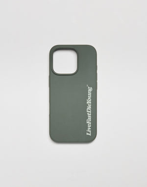 A dark green LIVE FAST DIE YOUNG Basic Phone Case with a large camera cutout and LiveEasyDieYoung in white, vertical text on the right side, is shown against a plain white background.