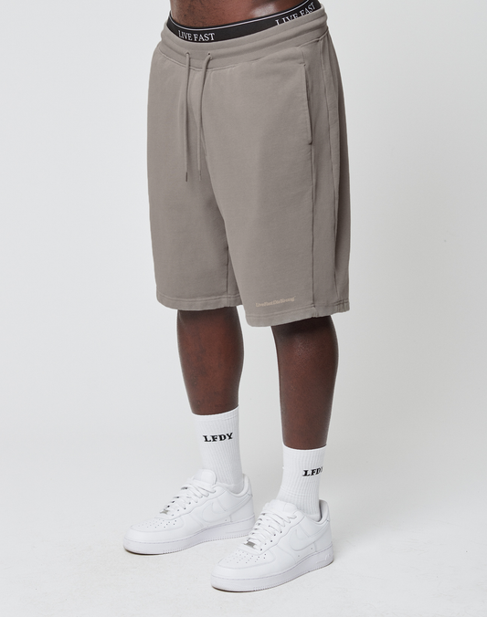 A person wearing beige Basic Heavy Shorts by LIVE FAST DIE YOUNG with subtle Vintage-Waschung, white LEFY socks, and white sneakers stands against a plain white background. The waistband of the shorts shows LIVE FAST. Face is not visible. | model