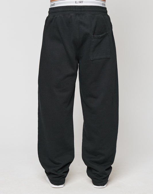 A person is seen from the back wearing LIVE FAST DIE YOUNG’s LFDY Praying Jogger—loose-fitting black sweatpants with an oversize fit, a visible back pocket, and white underwear waistband peeking over the elastic waist.