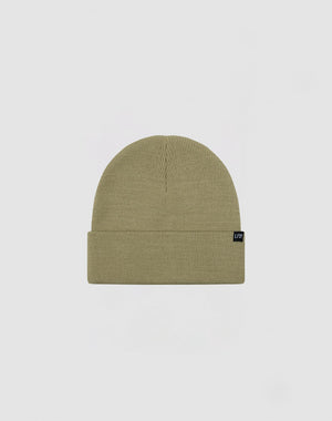 The LIVE FAST DIE YOUNG Basic Beanie is a khaki green Polyacryl knit hat in One Size with a folded brim and small black rectangular tag (LF2411-16606) on the left side, shown against a light grey background.