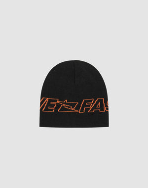 A black Polyacryl Live Fast Jacquard Beanie by LIVE FAST DIE YOUNG features bold, partially visible orange lettering (VE FAST) in a dynamic italic font, part of the Logo Strick LF2503-17393 collection.