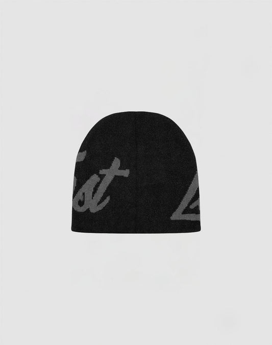 The LFDY Jacquard Beanie by LIVE FAST DIE YOUNG is a black Polyacryl hat with partial gray script on the front and Logo Strick details, set against a plain light gray background for a comfortable, durable style.