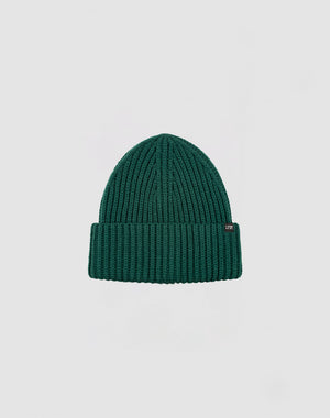 A LIVE FAST DIE YOUNG Rib Knit Beanie in green, featuring a folded brim with a small rectangular flag label, is centered on a plain light gray background.