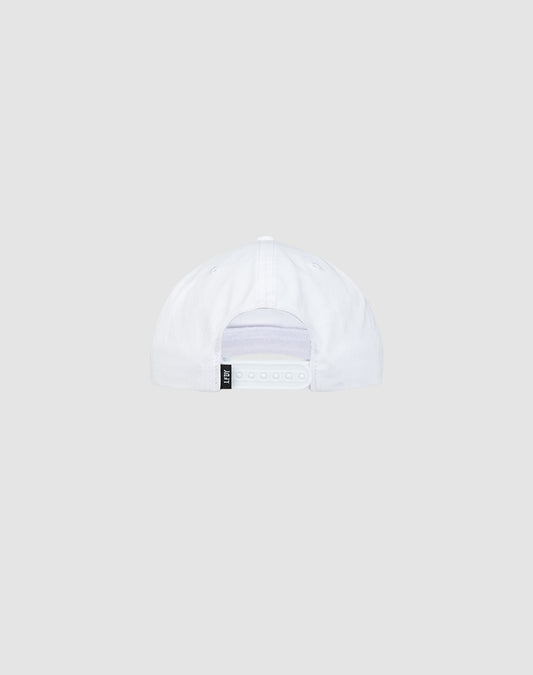 The Live Fast Unstructured Cap by LIVE FAST DIE YOUNG is a white cotton baseball cap, shown from the back with an adjustable snap closure and a small black tag on the left side. The background is plain light gray.