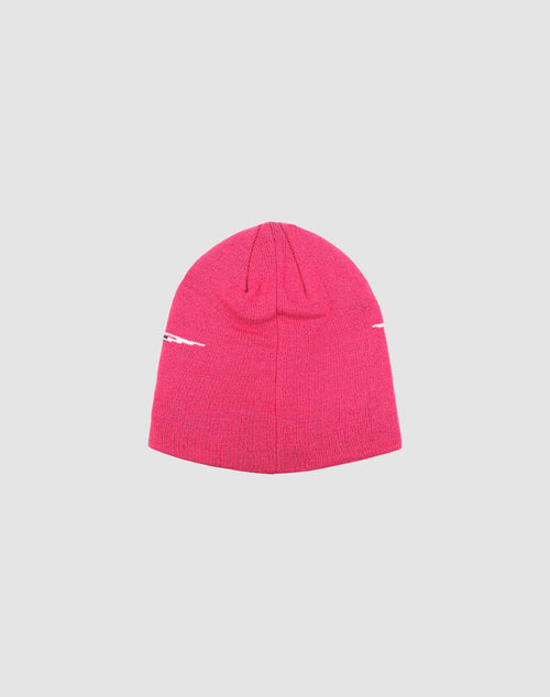 The Live Fast 3000 Beanie by LIVE FAST DIE YOUNG is a bright pink polyacryl knit hat with a simple Logo-Strick design and small white stitched details on each side, shown against a plain light gray background.