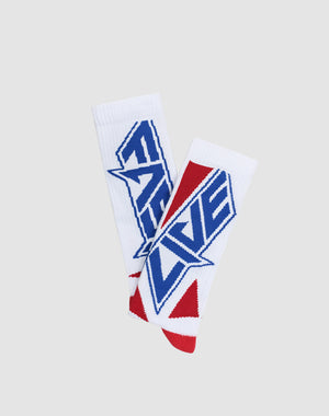 The LIVE FAST DIE YOUNG Live Fast Cross Socks (Single Pack) are multicolor crew socks crafted from soft Baumwolle, featuring bold blue and red geometric designs with LOVE in large, stylized letters across both socks.