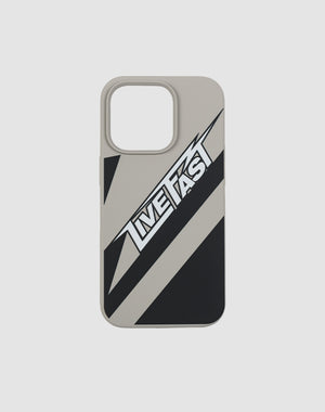 The LFDY Flash iPhone Case by LIVE FAST DIE YOUNG is a schützende TPU Hülle mit schwarzen und grauen Diagonalstreifen, weißem LIVE FAST-Schriftzug und Print LF2503-17169 auf hellgrauem Hintergrund für iPhone Modelle.