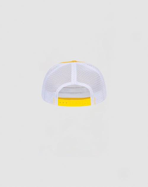 The LF Hero Cap by LIVE FAST DIE YOUNG is a white polyester mesh Trucker Cap with a yellow snapback strap, displayed from the back on a plain light gray background.
