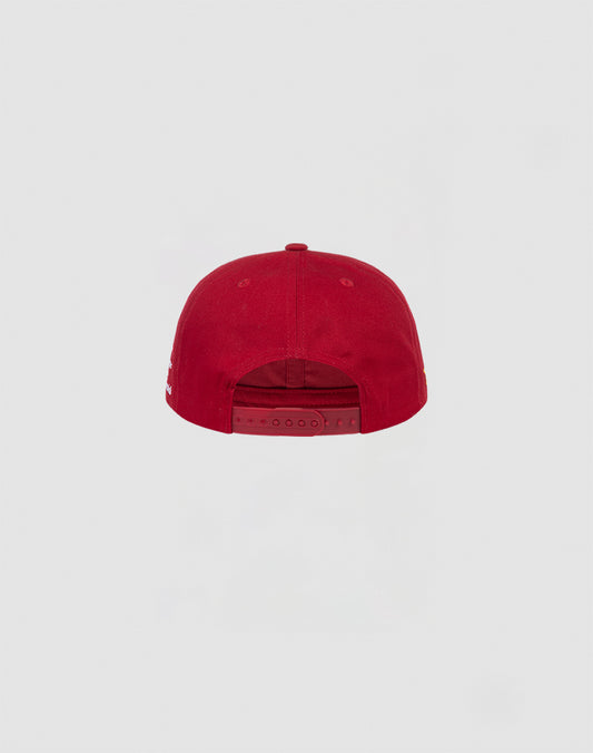 The LF 10th Snapback by LIVE FAST DIE YOUNG is a red cap seen from the back, with ventilation holes, a Mit Snapverschluss adjustable strap, and is made from 100% Baumwolle, shown on a plain light gray background.
