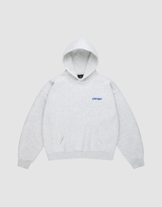 The LFDY Globe Hooded by LIVE FAST DIE YOUNG is a light gray oversized hoodie with a front pocket and small blue LIVFAST text on the left chest.