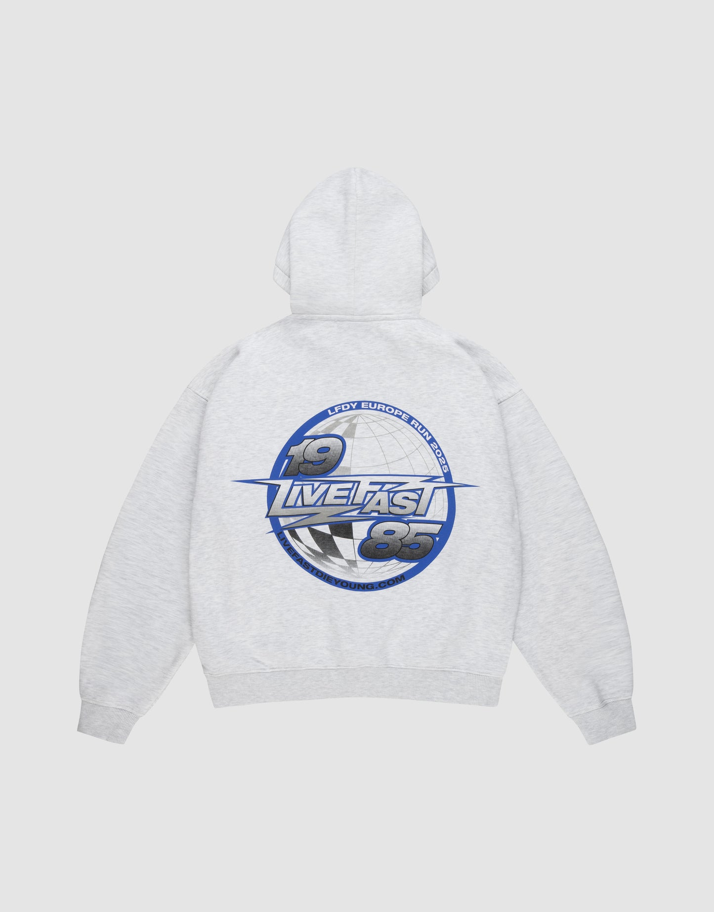 The LFDY Globe Hooded by LIVE FAST DIE YOUNG is a light gray oversized sweatshirt featuring a bold back graphic with blue and white checkers, numbers 19 and 85, and “LIVE FAST” in blue text. | plain
