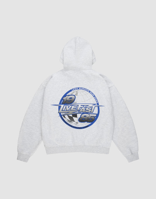 The LFDY Globe Hooded by LIVE FAST DIE YOUNG is a light gray oversized sweatshirt featuring a bold back graphic with blue and white checkers, numbers 19 and 85, and “LIVE FAST” in blue text. | plain