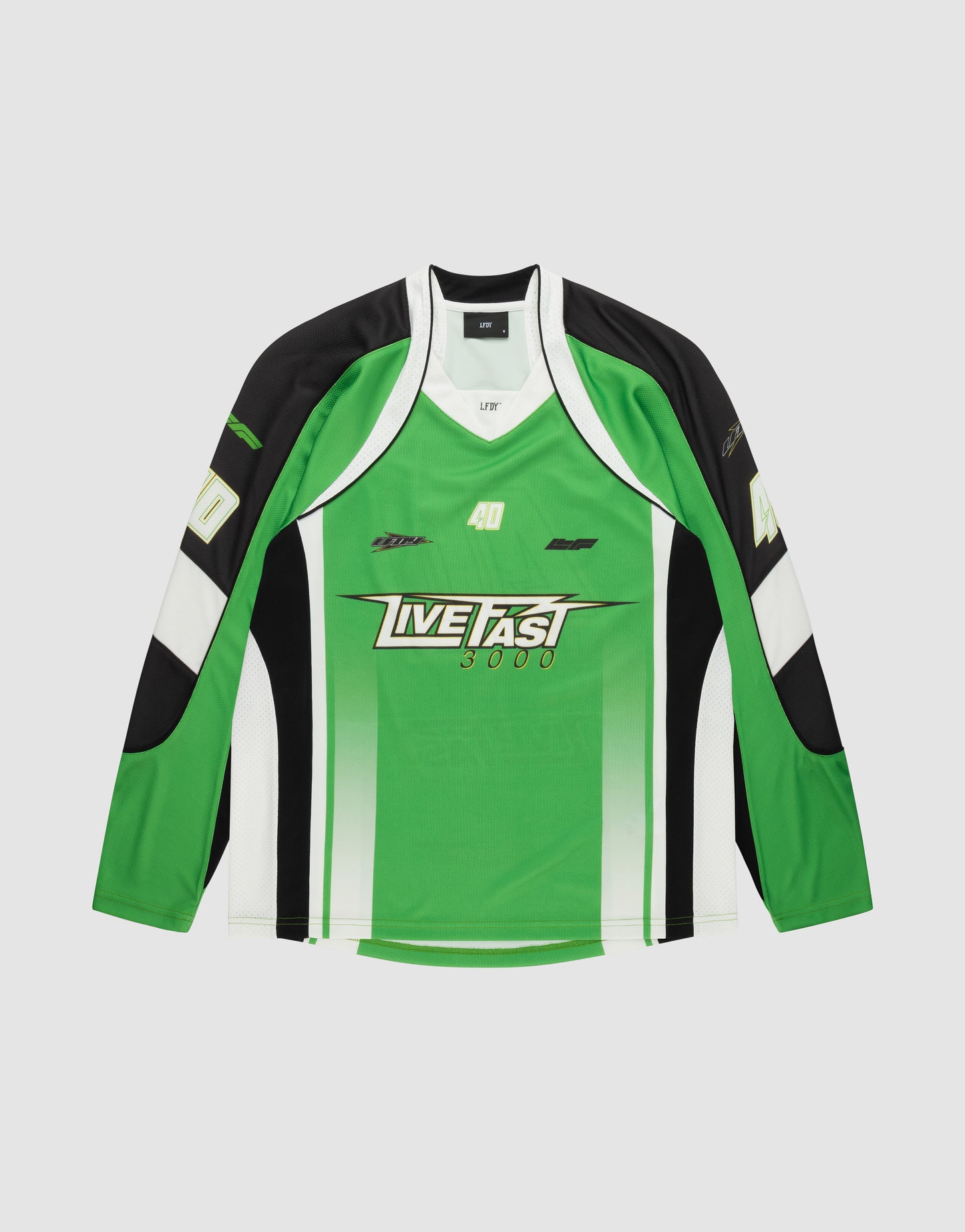 The LFDY Motorcross Jersey by LIVE FAST DIE YOUNG is a green, black, and white long-sleeve with multi-logo prints, "LIVE FAST 3000" on the front, number 40, and graphic accents on the sleeves and chest.