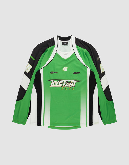 The LFDY Motorcross Jersey by LIVE FAST DIE YOUNG is a green, black, and white long-sleeve with multi-logo prints, "LIVE FAST 3000" on the front, number 40, and graphic accents on the sleeves and chest. | plain