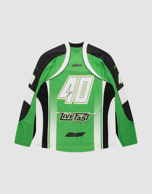 The LFDY Motorcross Jersey by LIVE FAST DIE YOUNG is a long-sleeve green, black, and white jersey with multi-logo prints, "Live Fast 3000" and the number 40 on the front, plus graphic details on the chest and sleeves in an oversize fit.