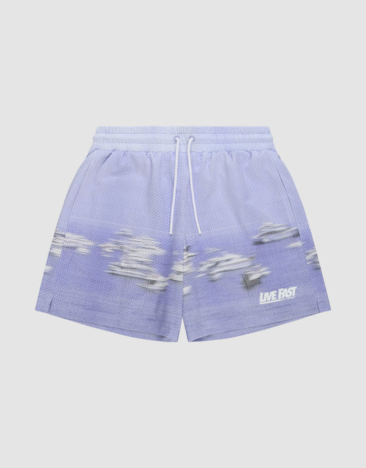 The LFDY Boat Mesh Shorts by LIVE FAST DIE YOUNG are light purple polyester athletic shorts with a white drawstring, regular fit, pixelated cloud design, "LIVE FAST" in white text, and a subtle logo on the lower right leg. | plain