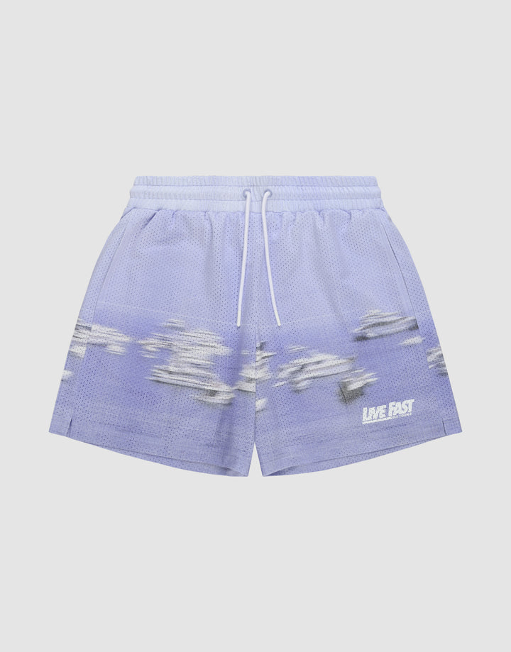 The LFDY Boat Mesh Shorts by LIVE FAST DIE YOUNG are light purple polyester athletic shorts with a white drawstring, regular fit, pixelated cloud design, "LIVE FAST" in white text, and a subtle logo on the lower right leg. | plain
