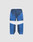The LFDY Cross Pants by LIVE FAST DIE YOUNG feature an oversized fit, elastic waistband, and colorblock geometric panels in navy blue, royal blue, and white with wide legs, shown on a plain light background.