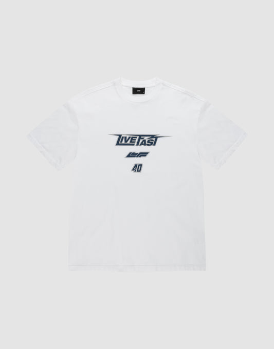 The LFDY Triple Racing Tee by LIVE FAST DIE YOUNG is a white shirt with black and gray multilogo front print—LIVE FAST in bold, AD below—crafted from 100% Baumwolle and shown against a light gray background. | plain
