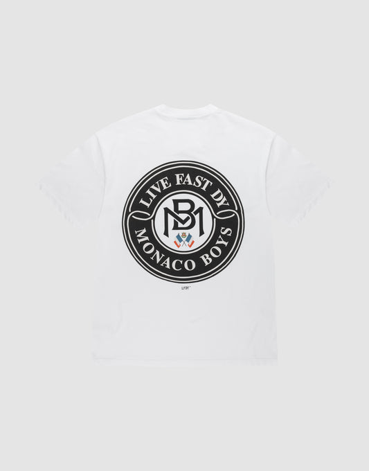 The LFDY Monaco Boys Tee by LIVE FAST DIE YOUNG is a white Oversize Fit T-shirt with a black circular back emblem reading "LIVE FAST DIE MONACO BOYS" around an MB logo and crest. Made from 100% cotton for comfort. | plain