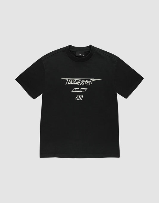 The LFDY Triple Racing Tee by LIVE FAST DIE YOUNG is a black oversized short-sleeve t-shirt with bold white multilogo frontprint—LIVE FAST, CF, and 4D—in a racing-inspired font. Made from 100% Baumwolle and shown on a light grey background. | plain
