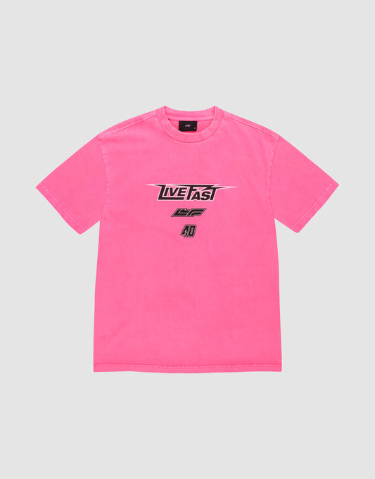 The LFDY Triple Racing Tee by LIVE FAST DIE YOUNG is a bright pink, 100% cotton oversize fit with black and white multi-logo front graphics featuring "LIVE FAST" above "LIF" and the number 40 on a light gray background. | plain
