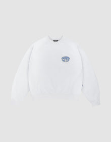 The LFDY Radiator Sweater by LIVE FAST DIE YOUNG is an oversized white crewneck featuring a small blue and yellow graphic text on the left chest, shown against a light grey background. | plain