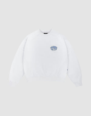 The LFDY Radiator Sweater by LIVE FAST DIE YOUNG is an oversized white crewneck featuring a small blue and yellow graphic text on the left chest, shown against a light grey background. | plain
