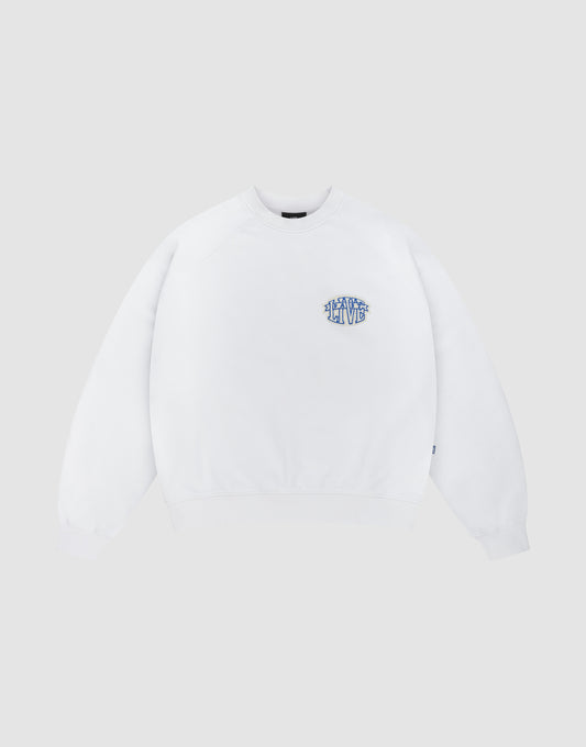 The LFDY Radiator Sweater by LIVE FAST DIE YOUNG is an oversized white crewneck featuring a small blue and yellow graphic text on the left chest, shown against a light grey background. | plain